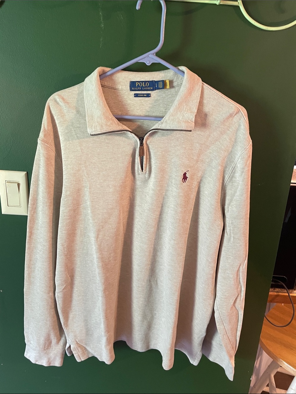 Polo by Ralph Lauren” Estate Rib” Beige Quarter-Zip Pullover with Maroon Pony